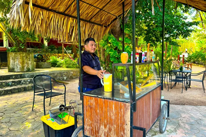 a person standing next to a fence