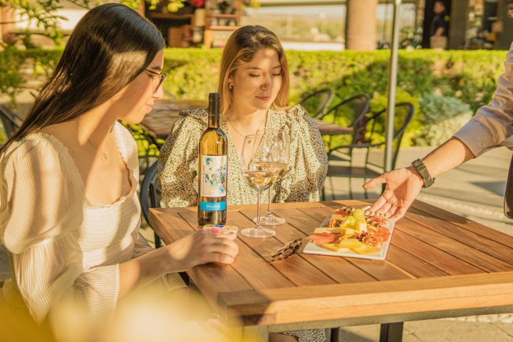 a woman sitting at a table with wine glasses