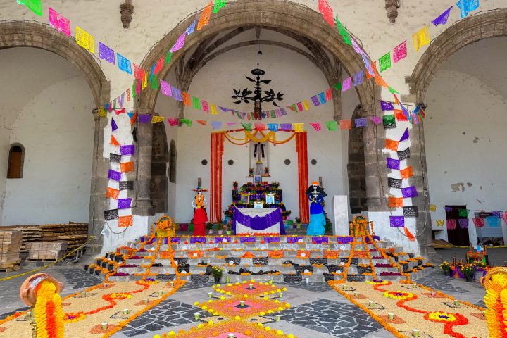a close up of a colorful building