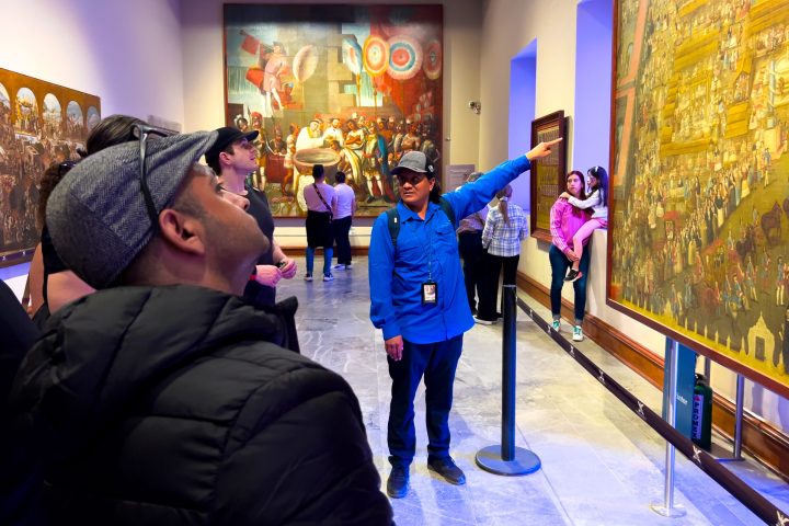 a group of people standing in a room