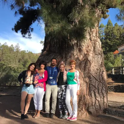 a group of people standing next to a tree