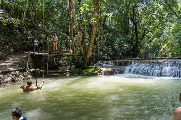 a group of people swimming in the water