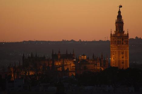 a view of a city at sunset