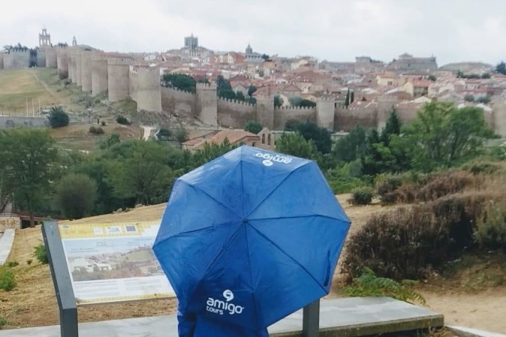 a building with a blue umbrella