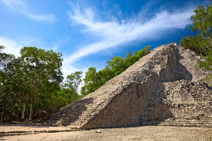 a close up of a rock with Coba in the background