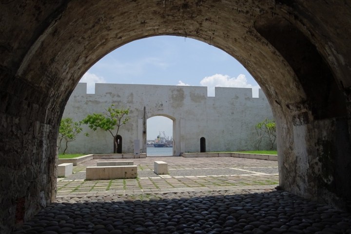 a view of a stone building
