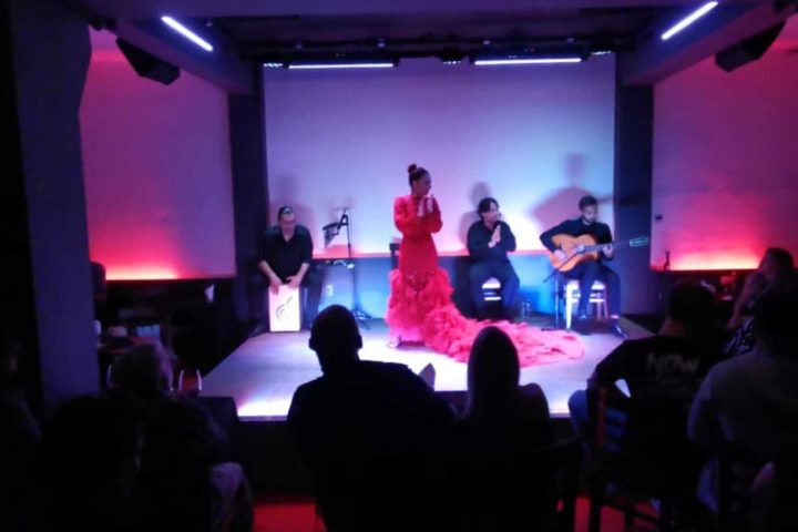 a group of people watching television in a dark room