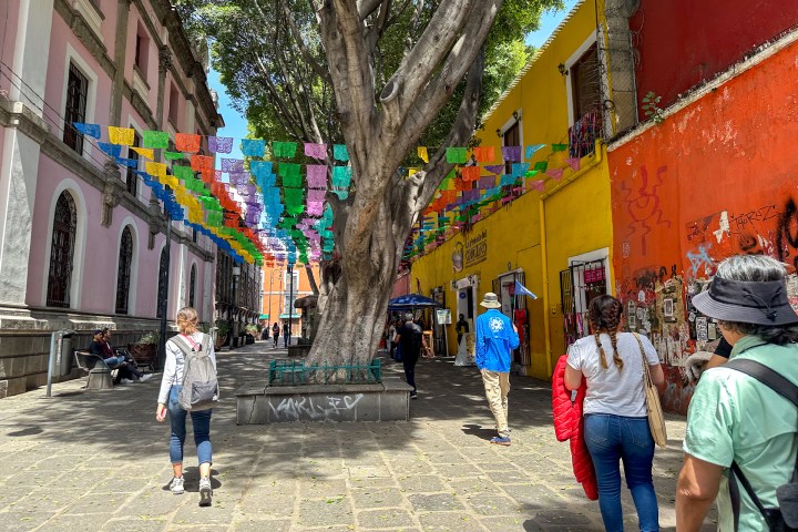 a group of people walking down a street
