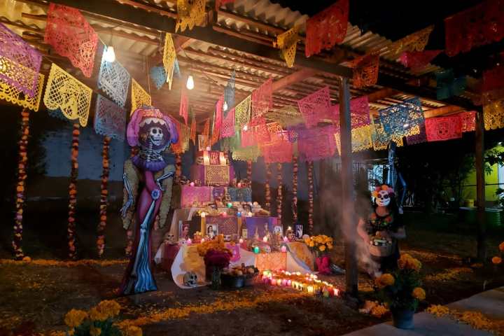 a store front at night