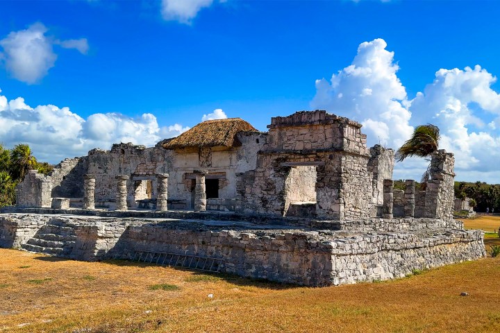 a castle on top of a grass covered field