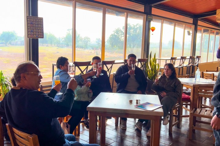 Sparkling wine toast after the hot balloon tour over Teotihuacan