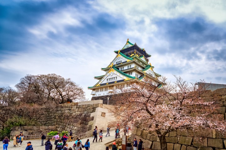 a group of people flying a kite with Osaka Castle in the background